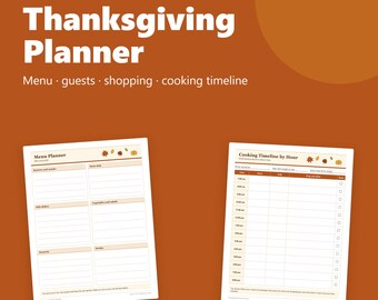 Thanksgiving Planner Printable, Thanksgiving Menu Planner, Dinner Guest List, Potluck Sign Up and Cooking Timeline PDF