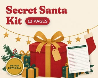 3 Secret Santa Questionnaires Printable, Survey and Wish List, 24 Name Slips, 12 Gift Tags, Office Family Kids Gift Exchange Kit, PDF