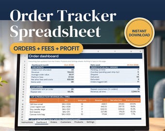 Order Tracker Spreadsheet, Small Business Customer Order Log and Shipping Tracker Excel Template, Sales Profit and Fees Dashboard