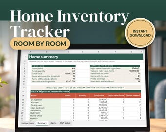 Home Inventory Spreadsheet, Household Belongings List for Insurance, Excel Room by Room Inventory Template, Moving Checklist