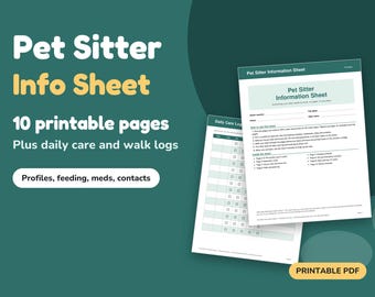 Scheda informativa per pet sitter stampabile, istruzioni per dog sitter e cat sitter, lista di controllo per la cura degli animali domestici, programma di alimentazione, contatti del veterinario, registro delle cure in formato PDF