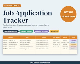 Foglio di calcolo per il monitoraggio delle candidature con 200 righe, modello Excel con dashboard, registro dei colloqui, strumento di monitoraggio del networking e pianificatore della ricerca di lavoro.