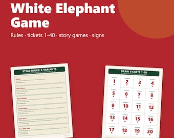 White Elephant Game Printable, Gift Exchange Rules, Left Right Story Game, Numbered Tickets 1-40, Christmas Party Kit PDF