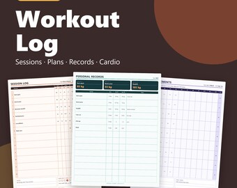 May include: A printable PDF workout log featuring three pages with tables for session logs, personal records, and measurements. The text includes Workout Log, Sessions, Plans, Records, Cardio, Personal Records, and Instant Download.