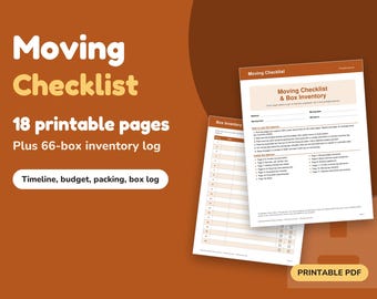 18-Page Moving Checklist Printable, 8 Week Moving Timeline, Box Inventory Log, Packing Lists, Moving Day Planner PDF