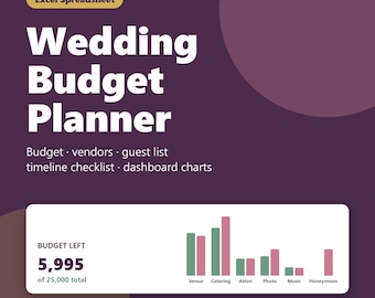 May include: A digital wedding budget planner Excel spreadsheet featuring a dark purple background with white text. It includes a dashboard chart showing budget categories like venue, catering, attire, photo, music, and honeymoon.