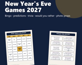 New Years Eve Games Printable 2027, NYE Party Bingo, Would You Rather, Predictions and Trivia, Adults and Kids PDF