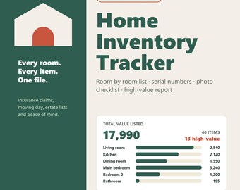 Home Inventory Spreadsheet, Household Belongings List for Insurance, Excel Room by Room Inventory Template, Moving Checklist