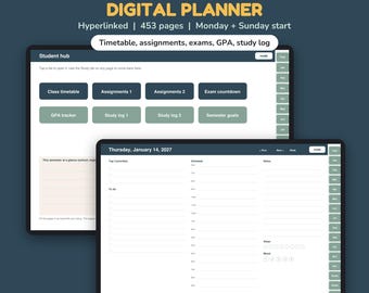 Agenda studentesca 2027 per GoodNotes iPad, agenda digitale con collegamenti ipertestuali, orario delle lezioni, monitoraggio dei compiti, media dei voti, esami, PDF immediato
