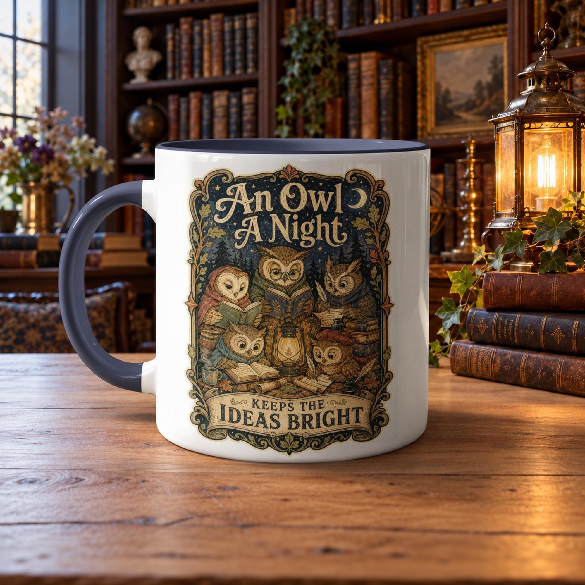 Dark Academia Owl Mug, Vintage Book Lover Coffee Cup, Scholar Owls Gift for Reader, Cute Librarian &