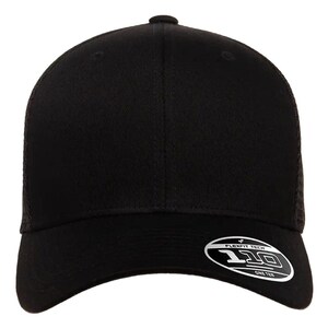 May include: A solid black baseball cap featuring a structured crown and a curved brim. An oval sticker is affixed to the right side of the brim, displaying the white text Flexfit Tech 110 One Ten against a black background.