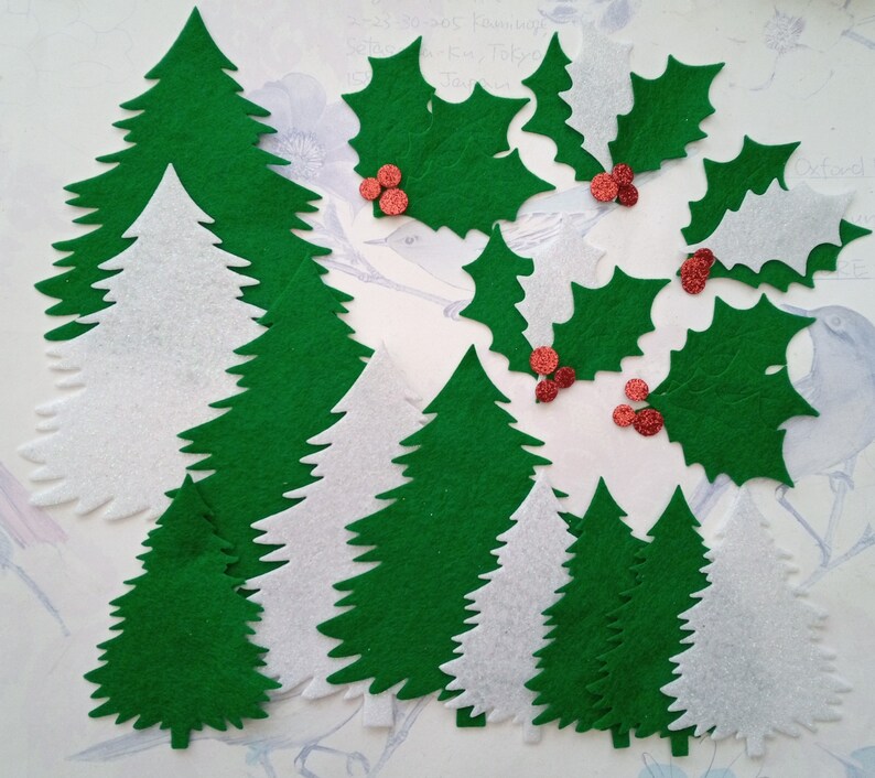 Die cut Christmas trees felt holly and berries wool blend Etsy