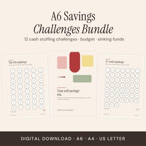 Può includere: Un pacchetto digitale di sfide di risparmio A6 con tre fogli stampabili su sfondo color crema con accenti rossi, verdi e gialli. Il testo recita A6 Savings Challenges Bundle, The 500 challenge, Your soft savings era e 52-week challenge.