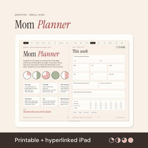 Può includere: Un'agenda digitale visualizzata sullo schermo di un tablet, con sezioni intitolate Mom Planner e This week. Il layout include testo, icone di progresso circolari e campi organizzati per attività quotidiane, programmi settimanali e note domestiche.