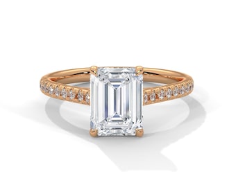Bague de fiançailles, émeraude taille 2 carats, faite main, sertie griffes, anneau pavé, style moderne