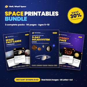 May include: A digital space-themed printable bundle featuring three educational packs with 80 pages for ages 5-10. The set includes Space Fact Cards, a 5-Day Solar System unit, and a Spooky Space activity pack, all containing real NASA images.