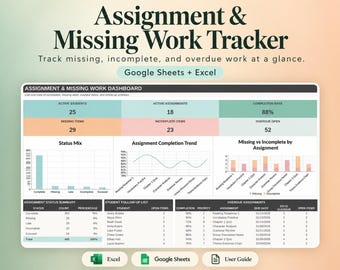 Strumento di monitoraggio dei compiti mancanti per gli insegnanti / Dashboard dei compiti, Fogli Google ed Excel