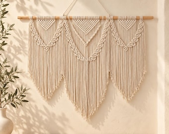 Puede incluir: Un gran tapiz de macramé en color blanco roto suspendido de un listón de madera horizontal. La pieza presenta intrincados patrones de nudos, incluyendo secciones triangulares y bordes festoneados, terminando en largos flecos verticales.