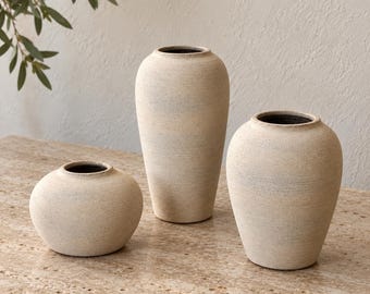 Juego de jarrones pequeños de cerámica, decoración Japandi texturizada, trío de decoración Wabi Sabi minimalista moderna, jarrón decorativo