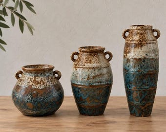 Jarrón de cerámica con esmalte reactivo, urna rústica con doble asa, cerámica en tonos verde azulado y marrón, decoración bohemia de estilo vintage, flores secas, adorno para estante de estilo cottagecore.