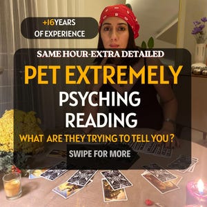 Può includere: Una persona con una bandana rossa siede a un tavolo con carte dei tarocchi sparse. Il testo recita: +16 YEARS OF EXPERIENCE, SAME HOUR-EXTRA DETAILED, PET EXTREMELY PSYCHING READING, WHAT ARE THEY TRYING TO TELL YOU?, SWIPE FOR MORE.