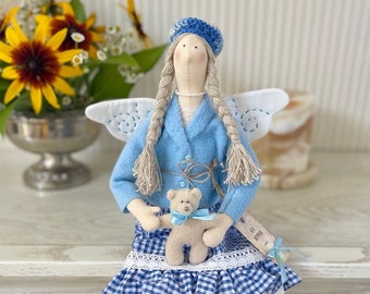 Tilda Textile Dolls Handmade, Art Interior Doll, Fairy Doll With Teddy Bear, Girls room decor, Lazure Fairy, Angel Fairy Doll