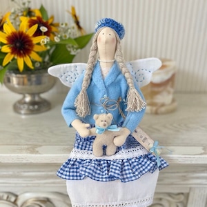 Tilda Textile Dolls Handmade, Art Interior Doll, Fairy Doll With Teddy Bear, Girls room decor, Lazure Fairy, Angel Fairy Doll image 1