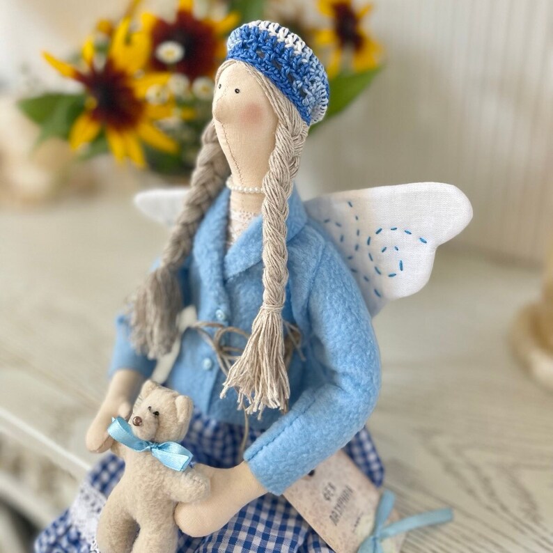 Tilda Textile Dolls Handmade, Art Interior Doll, Fairy Doll With Teddy Bear, Girls room decor, Lazure Fairy, Angel Fairy Doll image 7