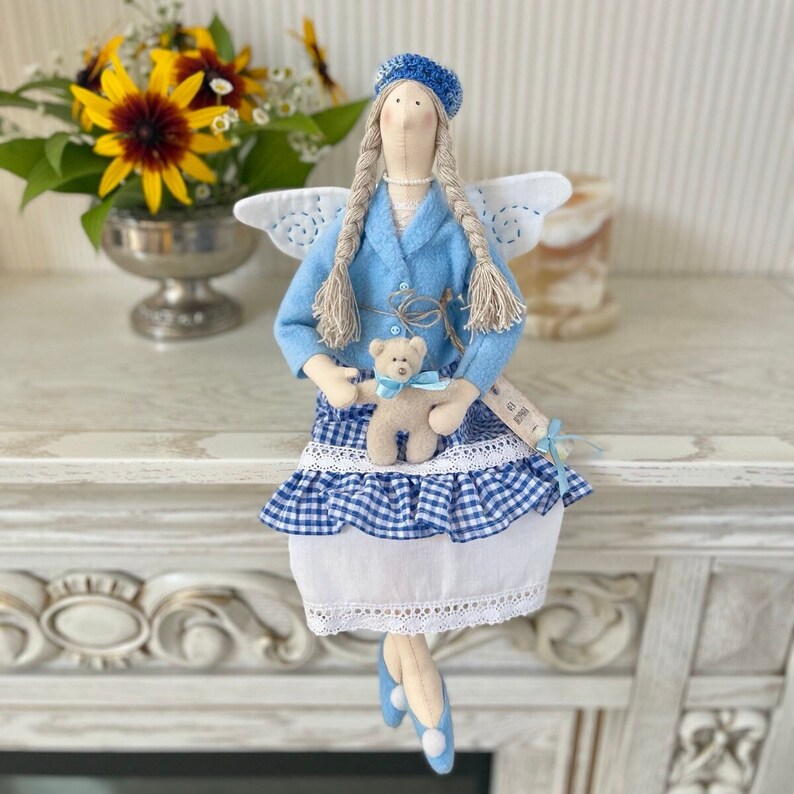 Tilda Textile Dolls Handmade, Art Interior Doll, Fairy Doll With Teddy Bear, Girls room decor, Lazure Fairy, Angel Fairy Doll image 1