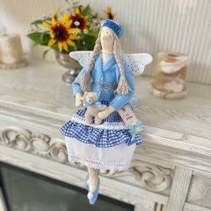 Tilda Textile Dolls Handmade, Art Interior Doll, Fairy Doll With Teddy Bear, Girls room decor, Lazure Fairy, Angel Fairy Doll image 2