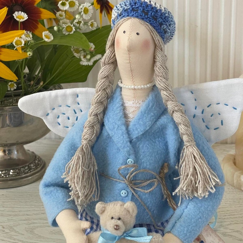 Tilda Textile Dolls Handmade, Art Interior Doll, Fairy Doll With Teddy Bear, Girls room decor, Lazure Fairy, Angel Fairy Doll image 4