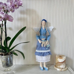 Tilda Textile Dolls Handmade, Art Interior Doll, Fairy Doll With Teddy Bear, Girls room decor, Lazure Fairy, Angel Fairy Doll image 3