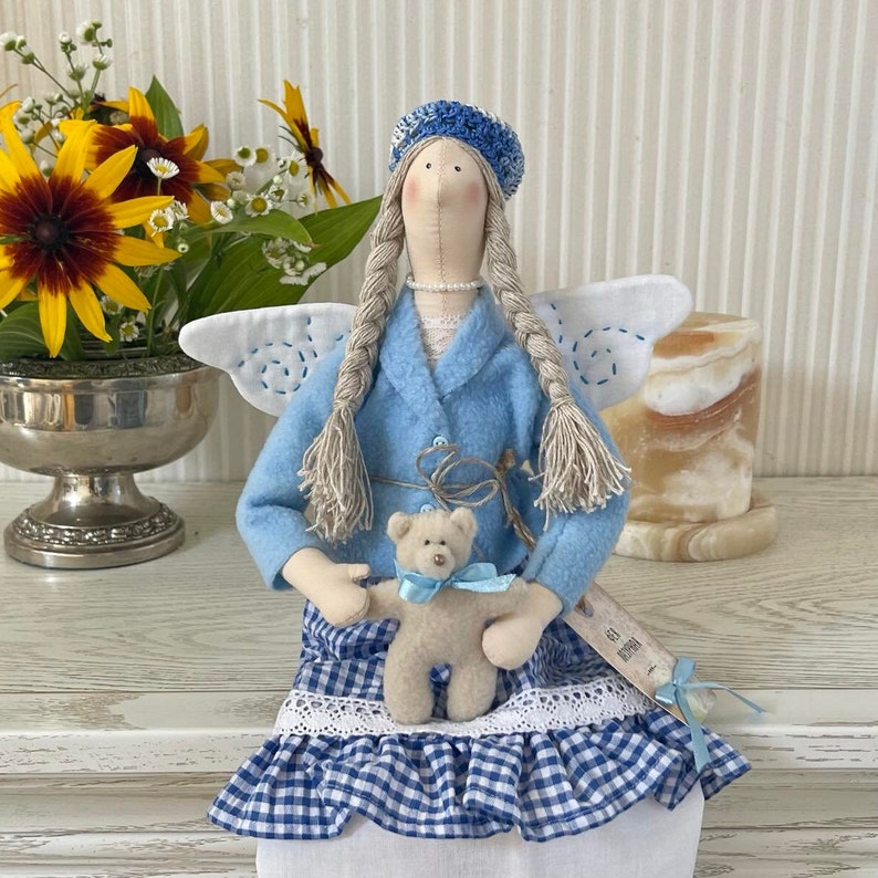 Tilda Textile Dolls Handmade, Art Interior Doll, Fairy Doll With Teddy Bear, Girls room decor, Lazure Fairy, Angel Fairy Doll image 8