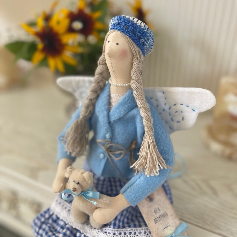 Tilda Textile Dolls Handmade, Art Interior Doll, Fairy Doll With Teddy Bear, Girls room decor, Lazure Fairy, Angel Fairy Doll image 5