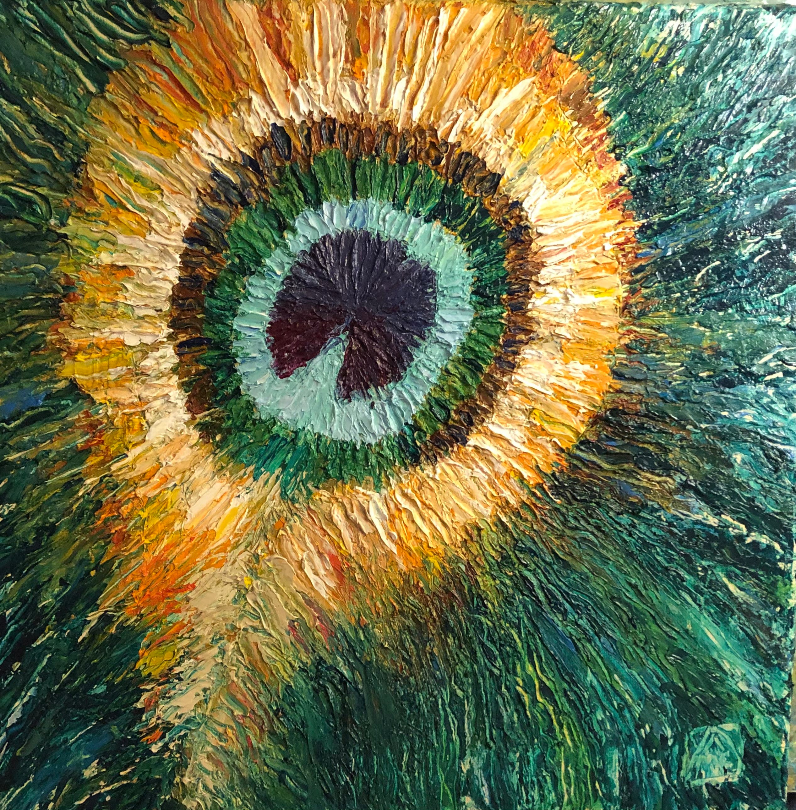 Peacock Feather Eye - a pallet knife painting in a Griffism style, image size:2534x2578