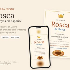Może przedstawiać: Cyfrowy szablon zaproszenia na Rosca de Reyes z ikoną korony, brązowym i niebieskim tekstem oraz ilustracją okrągłego wypieku. Projekt jest wyświetlany na ekranie smartfona oraz na wydrukowanej karcie z informacjami o wydarzeniu.