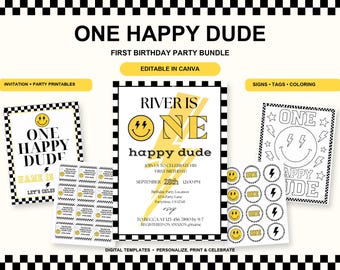 Pacchetto compleanno "One Happy Dude", invito modificabile su Canva, decorazioni per il primo compleanno con faccine sorridenti, pagine da colorare ed etichette per bomboniere.