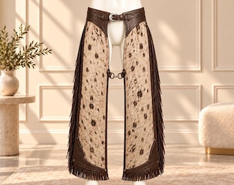 Women's Cowhide Leather Chaps, Brown Cream Cow Print Fringe Pants, Western Cowgirl Rodeo Outfit