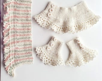 Knitting Pattern for Garter Lace Yoked Cowl, Scarf and Wrist Warmers English language