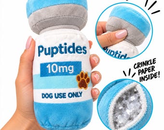 Peptides Dog Toy, Funny Peptide Vial Plush, Parody Medicine Bottle, Unique Dog Birthday Present, Pet Parent Gift, Medical Humor Gift,