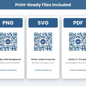May include: Three vertical white cards with blue headers labelled PNG, SVG, and PDF. Each card features a blue QR code with a central BB logo. Text includes 300 dpi, white background, vector, scales to any size, and 7.62 x 7.62 cm page.