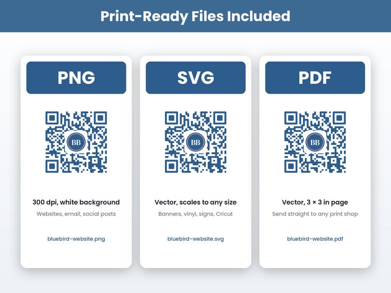 May include: Three vertical white cards with blue headers labelled PNG, SVG, and PDF. Each card features a blue QR code with a central BB logo. Text includes 300 dpi, white background, vector, scales to any size, and 7.62 x 7.62 cm page.