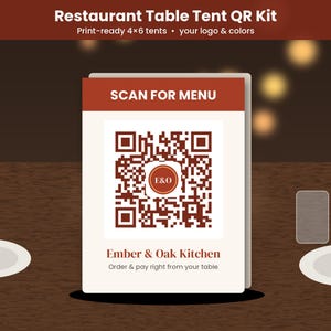 Restaurant QR Menu Kit with Logo, Table Tent, Sticker and Menu Insert, Printable Pdf Png Svg image 1