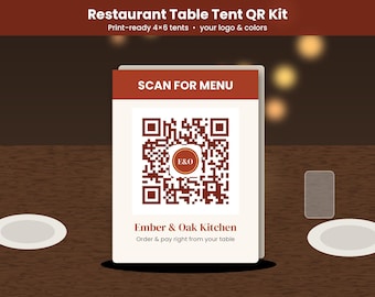 Restaurant-QR-Menü-Set mit Logo, Tischaufsteller, Aufkleber und Menüeinleger, druckbare PDF-, PNG- und SVG-Dateien
