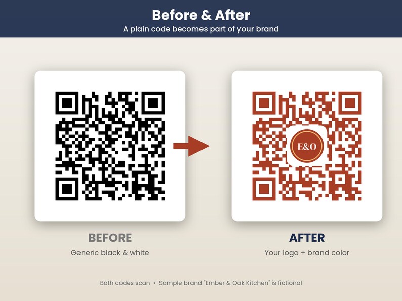 Op de afbeelding: Een vergelijkende afbeelding met een standaard zwart-witte QR-code met het label BEFORE en een aangepaste roestkleurige QR-code met een centraal E&O-logo met het label AFTER. De tekst luidt Before & After, A plain code becomes part of your brand.