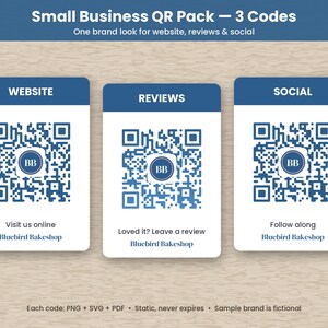 May include: A Small Business QR Pack featuring three blue and white QR codes labelled Website, Reviews, and Social. Each code includes the Bluebird Bakeshop logo and text prompts like Visit us online, Loved it? Leave a review, and Follow along.