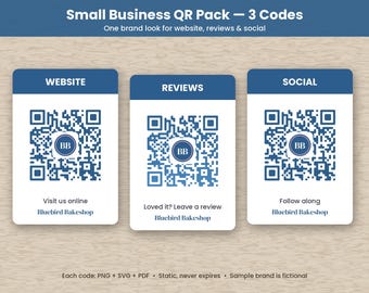 Individuelles QR-Code-Paket (3er-Pack) mit Logo, Website, Bewertungen und Social-Media-Links (PNG, SVG, PDF)