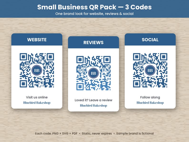 May include: A Small Business QR Pack featuring three blue and white QR codes labelled Website, Reviews, and Social. Each code includes the Bluebird Bakeshop logo and text prompts like Visit us online, Loved it? Leave a review, and Follow along.