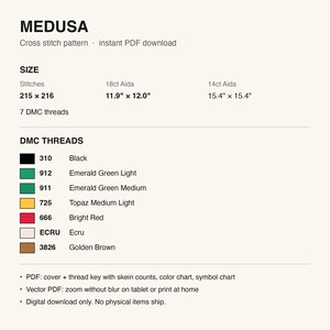 Pattern details: stitch count, finished size and DMC thread list