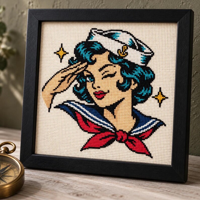 Sailor girl cross stitch in a black frame on a shelf